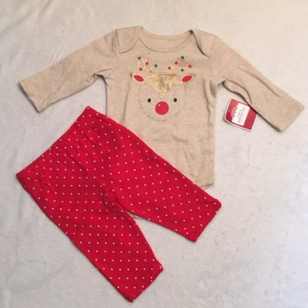 Holiday Time Bodysuit Set Baby 3-6M Red Tan New Reindeer Polka Dot 2pc Outfit
